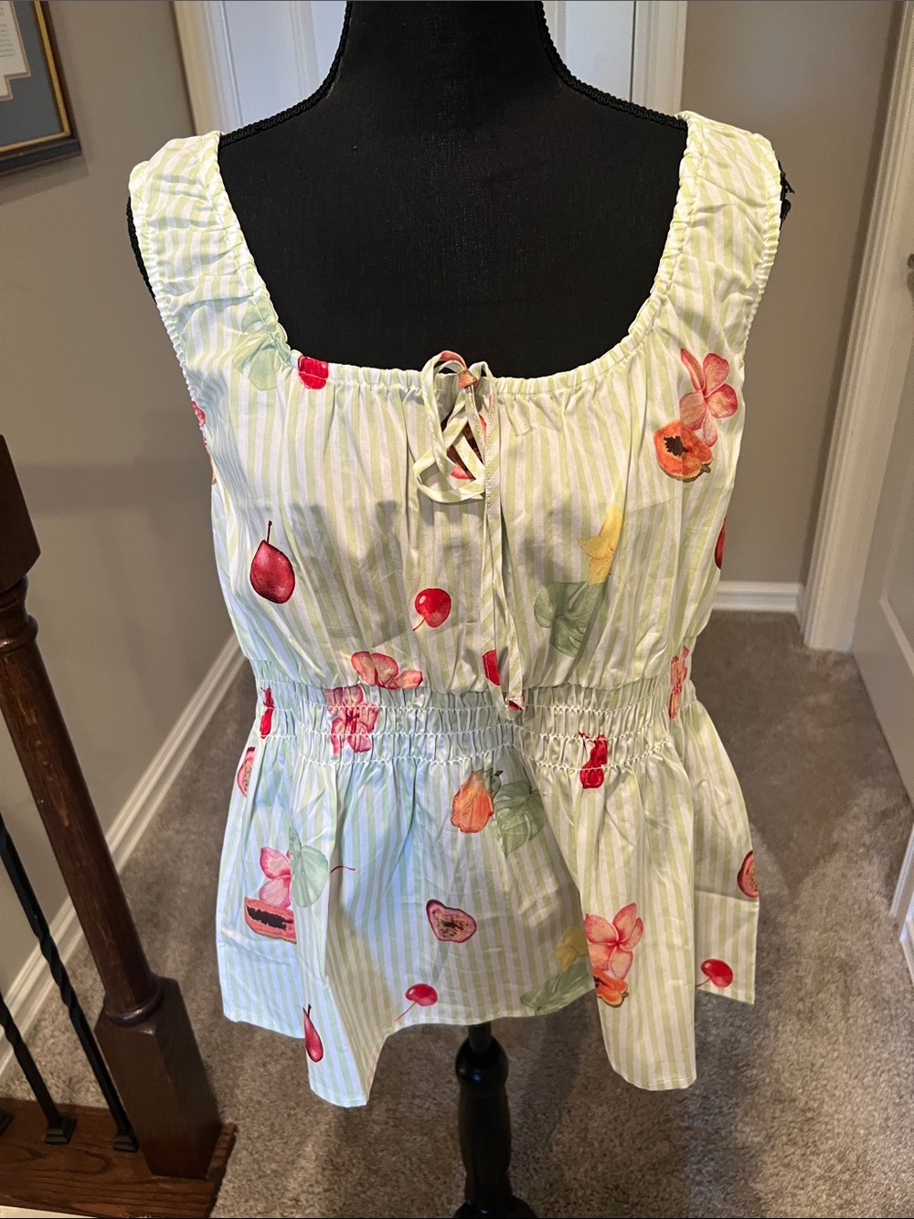 Cato Light Green Striped Fruit & Floral Peplum Tank